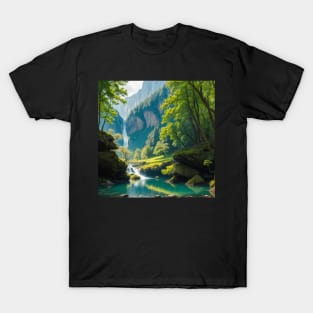 Distant Waterfall collecting into a cool pond T-Shirt